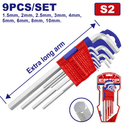 JEU 9 CLES HEX T1,5 T10 EXTRA LONG EMTOP EHKY1092